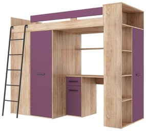 Emeletes ágy 90 cm Vivian (B) (ágyráccsal) (szonoma tölgy + lila). 1048525