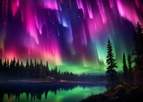 Poszter 70x50cm Északi fény az erdő felett