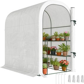 Outsunny kerti üvegház polcokkal, 123 x 187 x 189 cm – felhajtható ajtó, 140 g/m² PE takaró, 10 cm kiterjesztett szegéllyel, fehér | Aosom