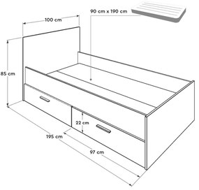 Egyszemélyes ágy 90 cm Vobima 2 (szonoma tölgy + fehér) (ágyráccsal) (tárolóhellyel). 1094834