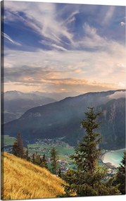 Vászonkép Nap a hegyek felett Felhők Falu 50x80 cm