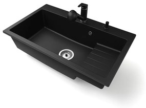 Gránit mosogatótálca NERO Boss + kihúzható Shower csaptelep + adagoló + dugókiemelő (matt fekete)
