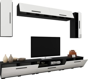 Kos V6 nappali szekrénysor, Fekete / Fényes fehér, MDF, 285 cm