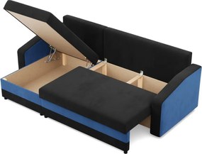 Hewlet sarokkanapé, 2 ágyneműtartóval, szövet anyag, univerzális oldal, hab töltet, fekete - kék