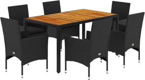 vidaXL 7részes fekete polyrattan/akácfa kerti étkezőgarnitúra párnákkal