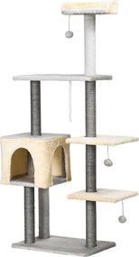 PawHut 156 cm magas macska kaparófa pihenőággyal, házzal, juta kaparófákkal, fából és plüssből, szürke és bézs | Aosom
