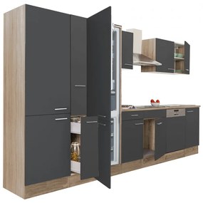 Yorki 370 konyhabútor sonoma tölgy korpusz,selyemfényű antracit fronttal polcos szekrénnyel és alulfagyasztós hűtős szekrénnyel