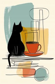 Poszter 53x81cm Macska és kávé