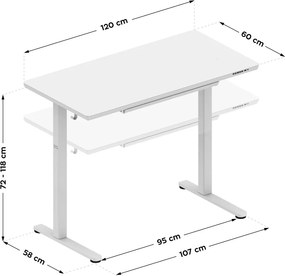Állítható magasságú íróasztal, 120 x 60 cm, fejhallgatótartóval, üveglappal fehér