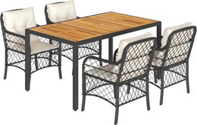 vidaXL 5 részes fekete polyrattan kerti étkezőgarnitúra párnákkal