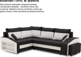 Grande sarokkanapé polcokkal és puffokkal , polc a bal karfaban puffok a jobb karfaban, baloldali, szövet anyag, bonell töltet, fekete - fehér