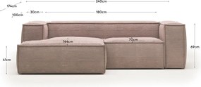 Világos rózsaszín kordbársony sarokkanapé (bal oldali) Blok – Kave Home