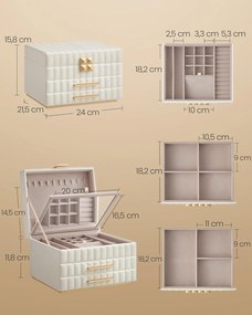 3 szintes ékszerdoboz tükörrel, ékszertartó 2 fiókkal, felhőfehér