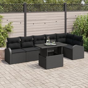 7 részes kertiszófa készlet párnákkal fekete poli rattan, 2 személyes kerti kanapé tárolóval és párnákkal fekete poli rattan