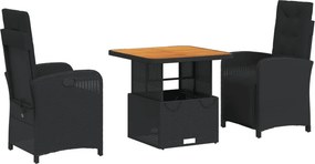vidaXL 3 részes fekete polyrattan kerti étkezőgarnitúra párnákkal