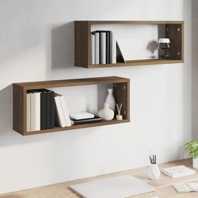 2 db barna tölgy színű szerelt fa fali kockapolc 60x15x23 cm