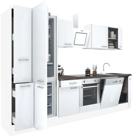 Yorki 310 konyhabútor fehér korpusz,selyemfényű fehér front alsó sütős elemmel alulfagyasztós hűtős szekrénnyel