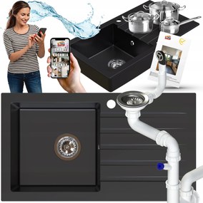 Egymedencés Gránit Mosogató Hosszú Csepegtetővel Fekete +szifon Króm