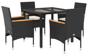 vidaXL 5 részes fekete polyrattan/üveg kerti étkezőgarnitúra párnákkal