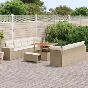 11 Részes Kert Sofa Készlet Párnákkal Bézs Poli Rattan Akác, 3 Részes Kert Étkező Készlet Párnákkal Bézs Poli Rattan Akác