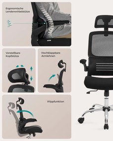Irodai szék, ergonomikus, hálós szék deréktámasszal és állítható fejtámlával, fekete