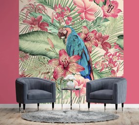 Gario Fotótapéta Parrot a rózsaszín levelek között - Andrea Haase Anyag: Vlies, Méret: 200 x 200 cm