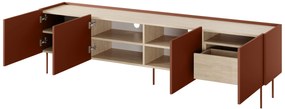 Desin 220 4D1SZ négyajtós TV-szekrény polccal - kerámia vörös / nagano-tölgy