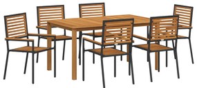 7 részes kert étkező szett fekete polyrattan akáciával, Stackelhető kerti székek párnákkal 2 db fekete polyrattan