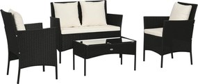 Outsunny Szintetikus Rattan Kerti Bútor Készlet - 4 Részes Kültéri Készlet 2 Székkel, 1 Kettős Kanapéval és 1 Üvegtetős Kávézóasztallal, Fekete és Kré