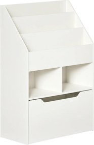 HOMCOM Fa Könyvespolc Gyerekeknek 3 Rekesszel, 2 Kockával és Mobil Fiókkal 4 Kerekével, Gyerekek Szobájához 60x29.9x90 cm Fehér | Aosom