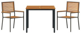 3 darabos Kerti Étkezősor Szürke Poli Rattan Akáccal, Összerakható Kerti Székek Párnákkal 2 db Szürke Poli Rattan, Kerti Asztal 90x90x75 cm Tömör Akácfa és Fém