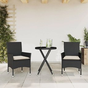 3 részes fekete polyrattan/üveg bisztrógarnitúra párnával