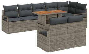 9 darabos Kert Sofa Szett Párnákkal Szürke Polirattan Akácia, 2-Fős Kert Sofa Párnákkal Szürke Polirattan