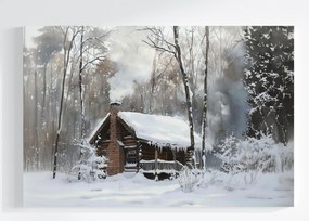 Vászonkép Canvas Tájkép Erdő Kunyhó Ház Hó Fagy Hófúvás Tél 60x40