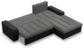 Toronto sarokkanapé, 2 ágyneműtartóval, bársony + műbőr, jobboldali, szürke - fekete