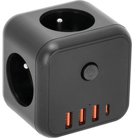 Kobi Elosztó konnektor kapcsolóval LINEA 3x230V + 4xUSB A/C fekete KB0441