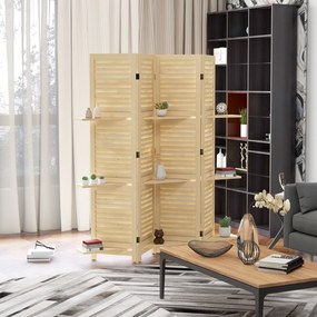 HOMCOM Benti Szobai Elválasztó 4 Panel 160L x 170H cm 3 Összecsukható Polccal Rácsos Ajtókkal Természetes Paulownia Fából | Aosom