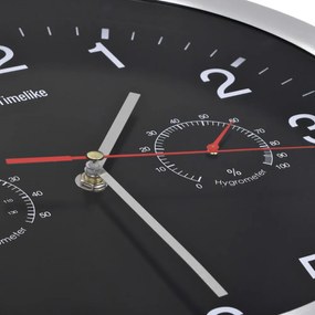 kvarcszerkezetes fekete falióra higrométerrel, hőmérővel 30 cm