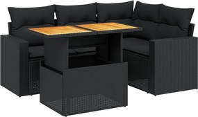 vidaXL 5 részes fekete polyrattan kerti kanapészett párnákkal