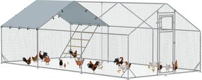 PawHut Elemekből Készült Tyúkól és Kert, Acélból, 3 x 6 x 1.95 m Tyúkketrec UV-ellenálló Borítással, Etetőajtóval, Függő Etetővel, Ülőfával, Tyúkkerte