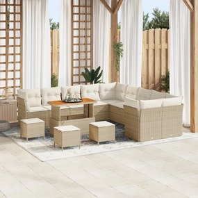 14 Darabos Kerti Kanapészett Párnákkal Bézs Polyrattan Akác, 4 Darabos Kerti Étkezős Szett Párnákkal Bézs Polyrattan Akác