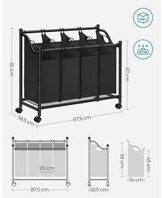 Szövet szennyeskosár 4 kivehető zsákkal 4x35L, fekete