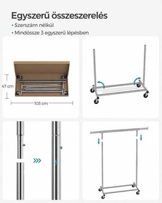 Gurulós ruhatartó kihúzható 92–132 cm-es ruharúddal, 90 kg, ezüst