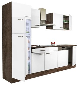 Yorki 280 konyhablokk yorki tölgy korpusz,selyemfényű fehér fronttal felülfagyasztós hűtős szekrénnyel