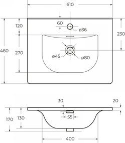 TMP MODENA 60 fali függesztett fürdőszobabútor - SKY E-8099-60 porcelán mosdóval - 61 x 46 cm