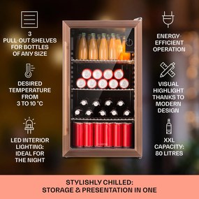 Klarstein Beersafe XXL, hűtőszekrény, 80 liter, 3 polc, E energiahatékonysági osztály, panoráma üvegajtó