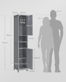 VASAGLE fürdőszobaszekrény világítással 30x30x170 cm, szürke