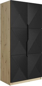 Asha ruhásszekrény, bordázott előlappal és fém fogantyúkkal, 100 cm - artisan tölgy / matt fekete / fekete fogantyúk