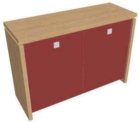 Verno alacsony szekrény 128 x 46 x 90 cm, üvegajtó, világos tölgy / piros