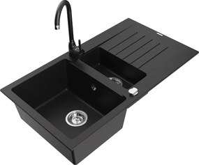 Mexen Matias 1,5-medencés gránit mosogatótálca csepegtetővel és Telma konyhai csapteleppel, fekete - 6502-77-670200-70